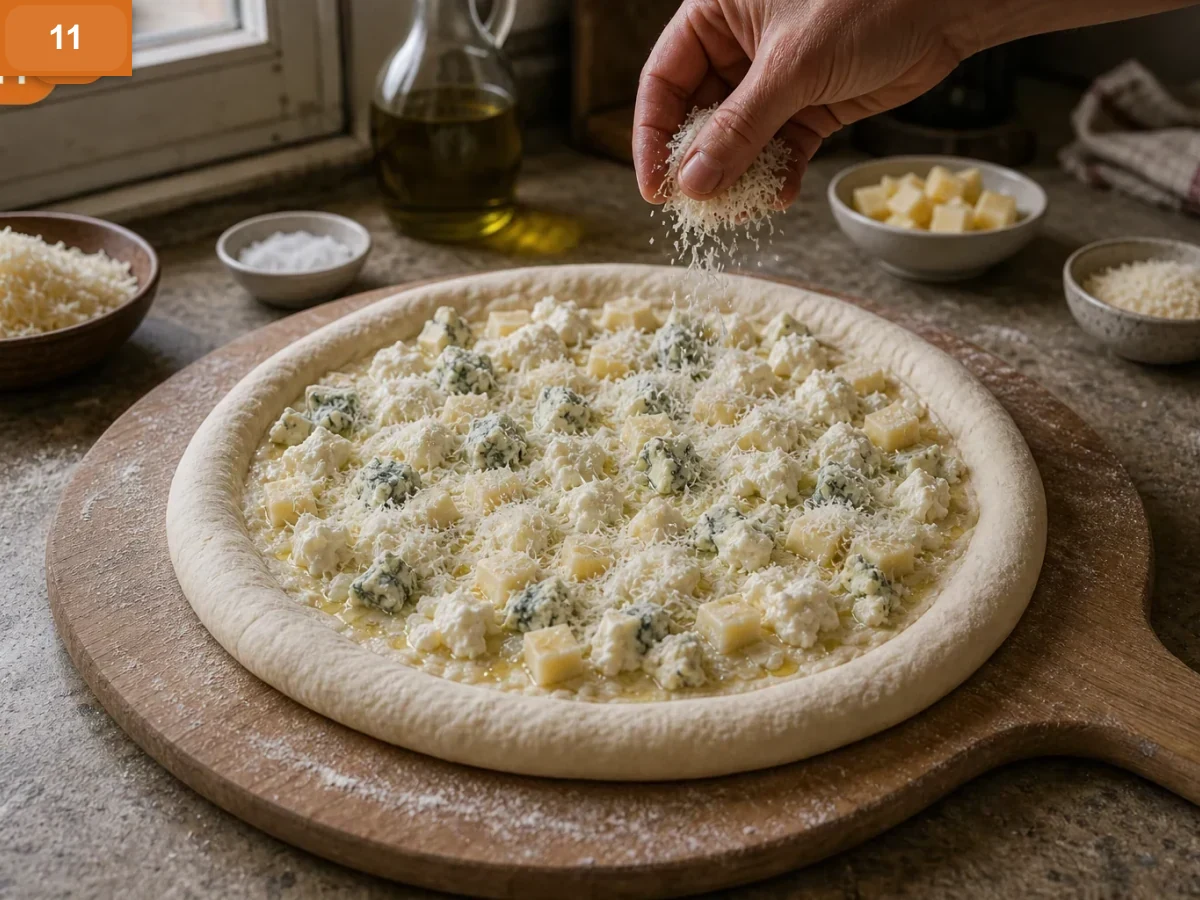Пицца Кватро Формаджи | Фото подпункта 11 | Viva Cucina Пицца Кватро Формаджи: фото процесса приготовления — посыпьте пиццу тёртым пармезаном