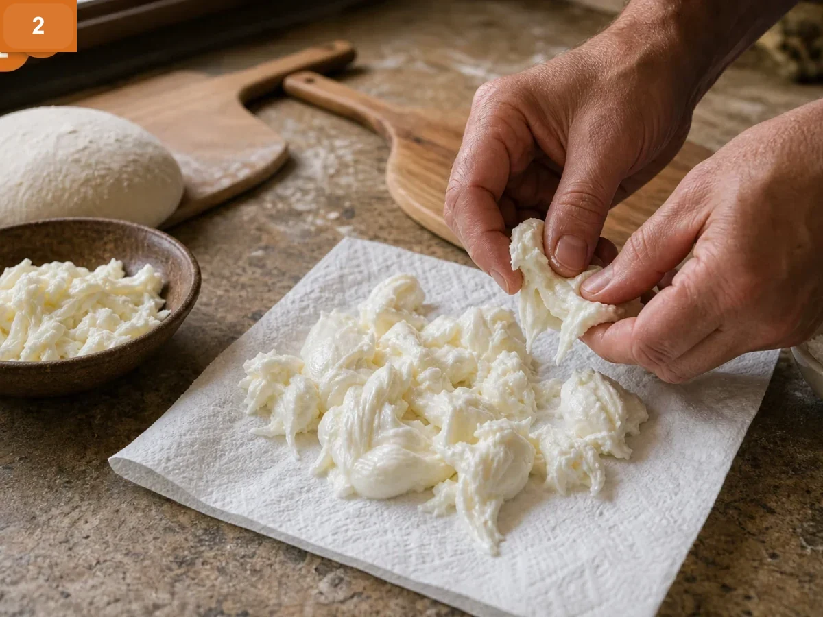 Пицца Кватро Формаджи | Фото подпункта 2 | Viva Cucina Пицца Кватро Формаджи: фото процесса приготовления — обсушите моцареллу и разорвите её на небольшие кусочки