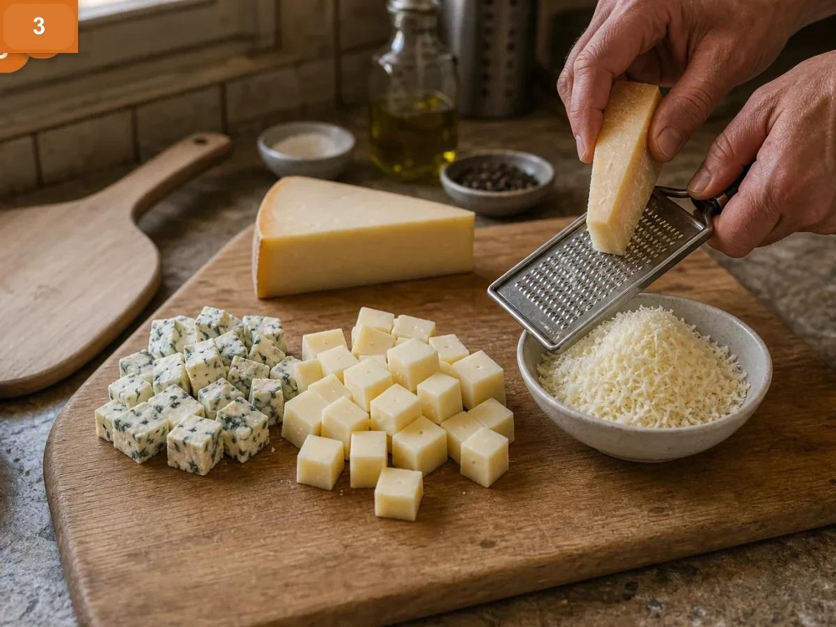 Пицца Кватро Формаджи | Фото подпункта 3 | Viva Cucina Пицца Кватро Формаджи: фото процесса приготовления — нарежьте горгонзолу и фонтину или таледжо кубиками, а пармезан натрите