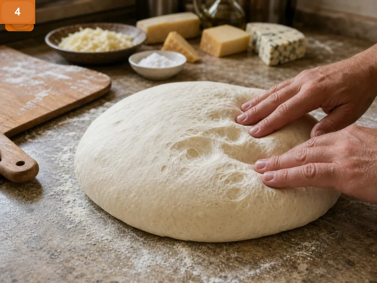 Пицца Кватро Формаджи | Фото подпункта 4 | Viva Cucina Пицца Кватро Формаджи: фото процесса приготовления — проверьте тесто после расстойки: оно должно быть мягким и пузырчатым