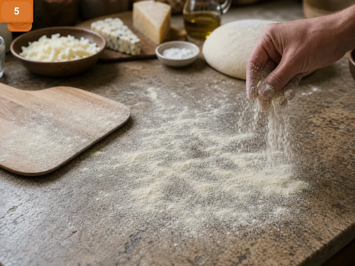 Пицца Кватро Формаджи | Фото подпункта 5 | Viva Cucina Пицца Кватро Формаджи: фото процесса приготовления — присыпьте рабочую поверхность мукой или семолой
