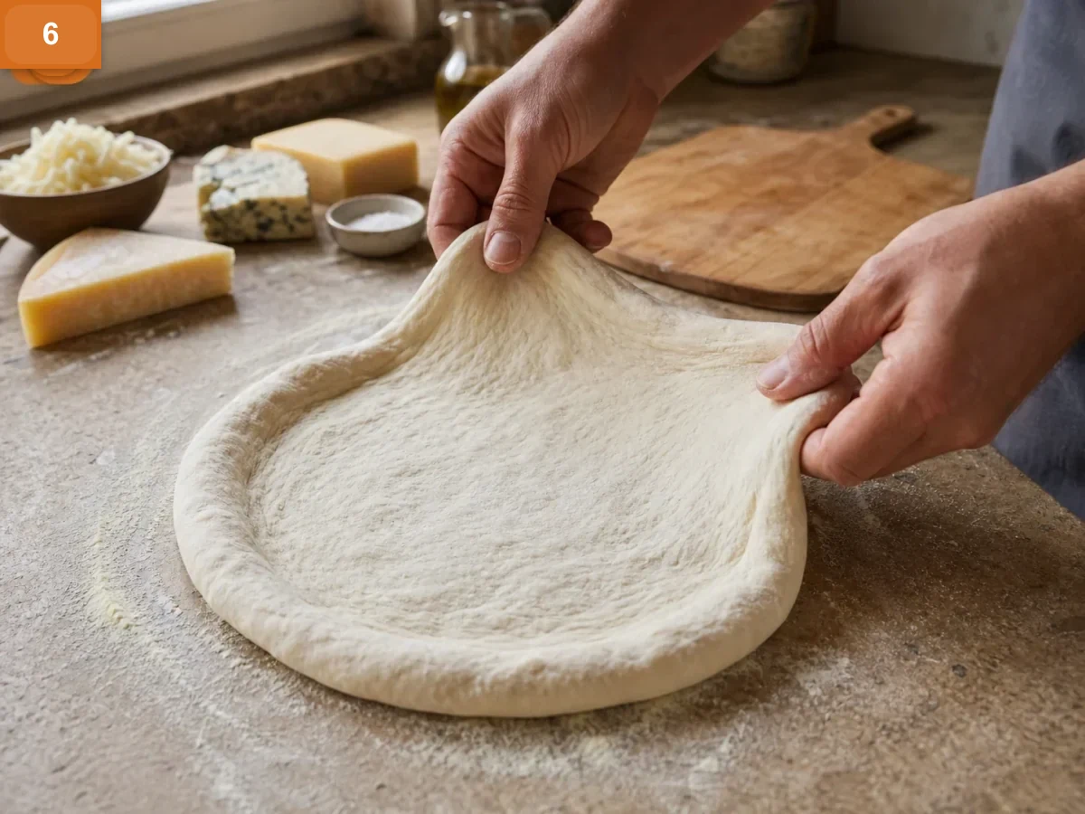 Пицца Кватро Формаджи | Фото подпункта 6 | Viva Cucina Пицца Кватро Формаджи: фото процесса приготовления — растяните тесто руками от центра к краям, оставляя воздушный борт