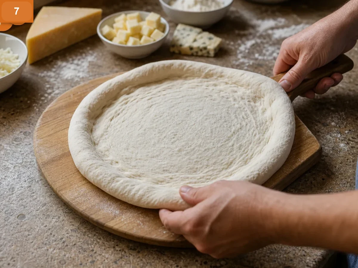 Пицца Кватро Формаджи | Фото подпункта 7 | Viva Cucina Пицца Кватро Формаджи: фото процесса приготовления — перенесите растянутую основу на лопату для пиццы