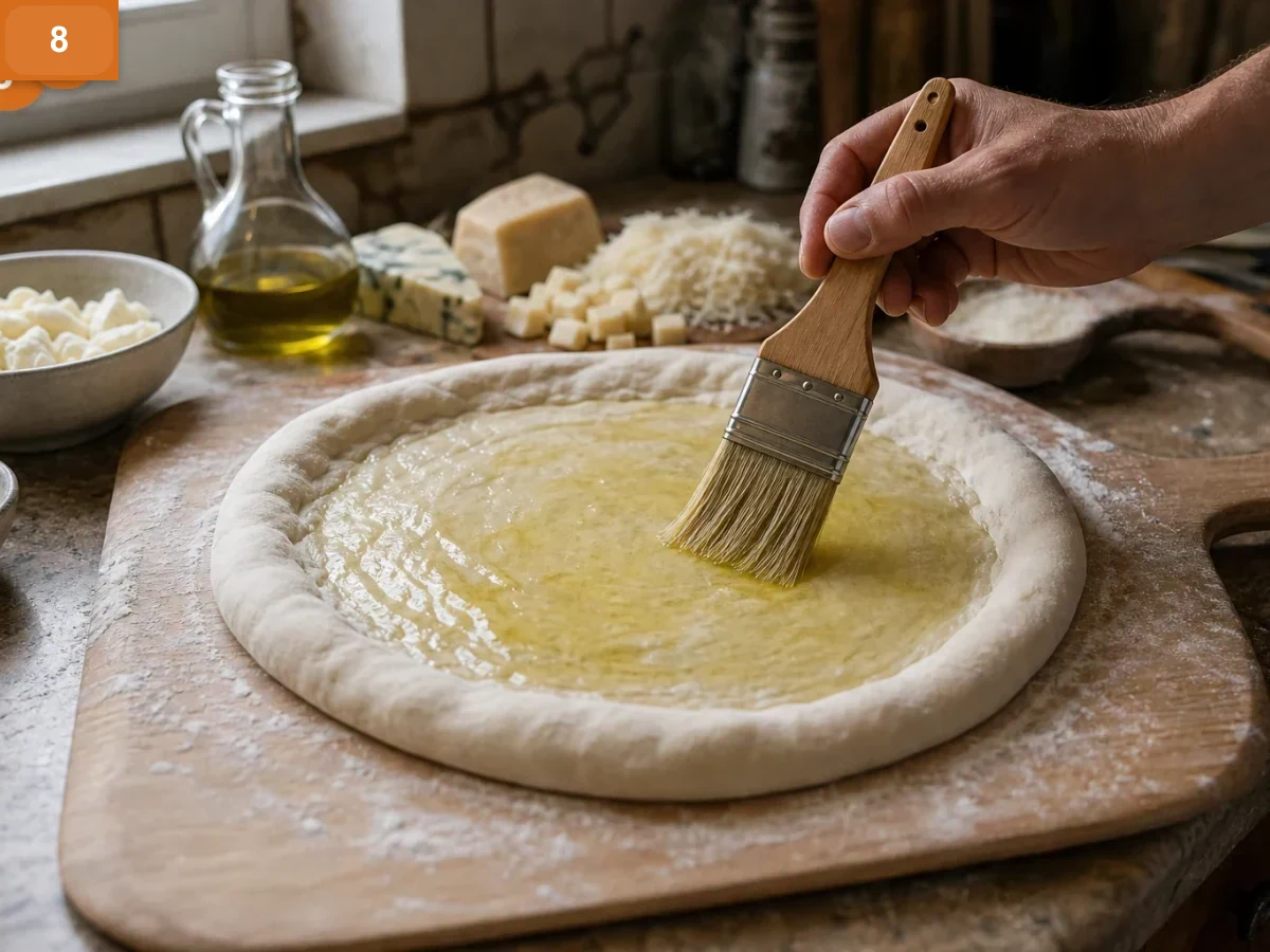Пицца Кватро Формаджи | Фото подпункта 8 | Viva Cucina Пицца Кватро Формаджи: фото процесса приготовления — слегка смажьте центр основы оливковым маслом, не трогая борт