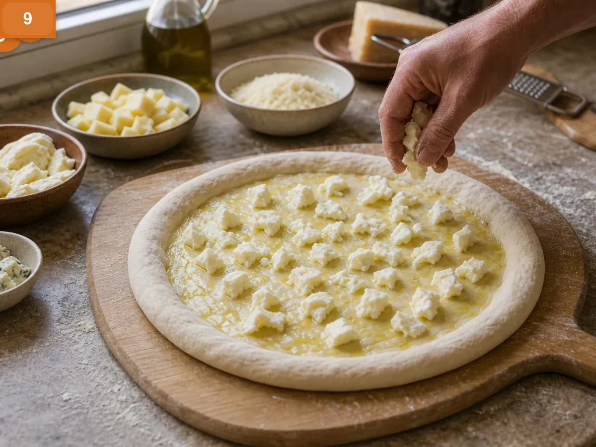Пицца Кватро Формаджи | Фото подпункта 9 | Viva Cucina Пицца Кватро Формаджи: фото процесса приготовления — распределите кусочки моцареллы по основе