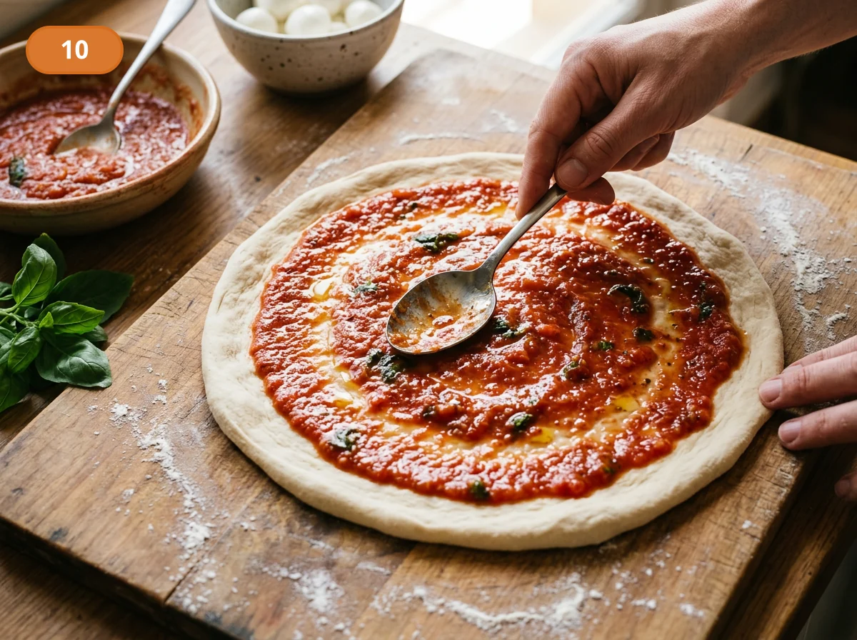 Пицца Маргарита: фото процесса приготовления — распределите томатный соус тонким кругом, не заходя на край будущего бортика