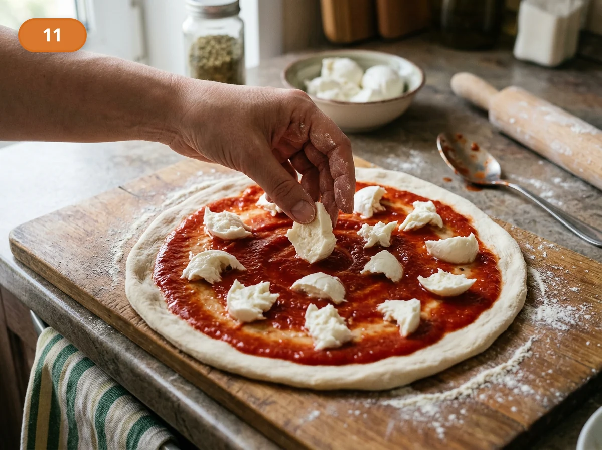 Пицца Маргарита: фото процесса приготовления — разложите кусочки моцареллы равномерно, но не слишком плотно, чтобы пицца не стала водянистой в центре