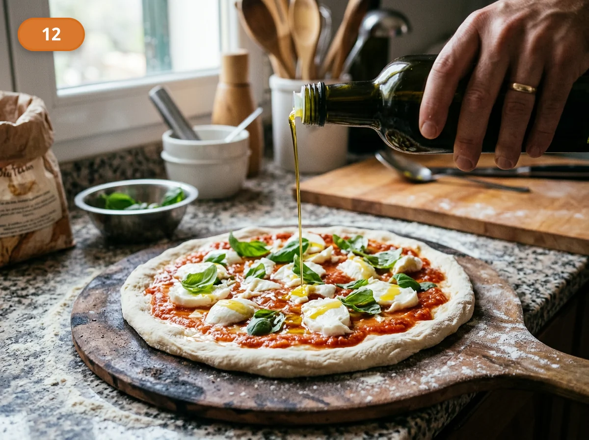 Пицца Маргарита: фото процесса приготовления — добавьте немного оливкового масла и, если нужно, пару листьев базилика, после чего сразу отправляйте пиццу в печь