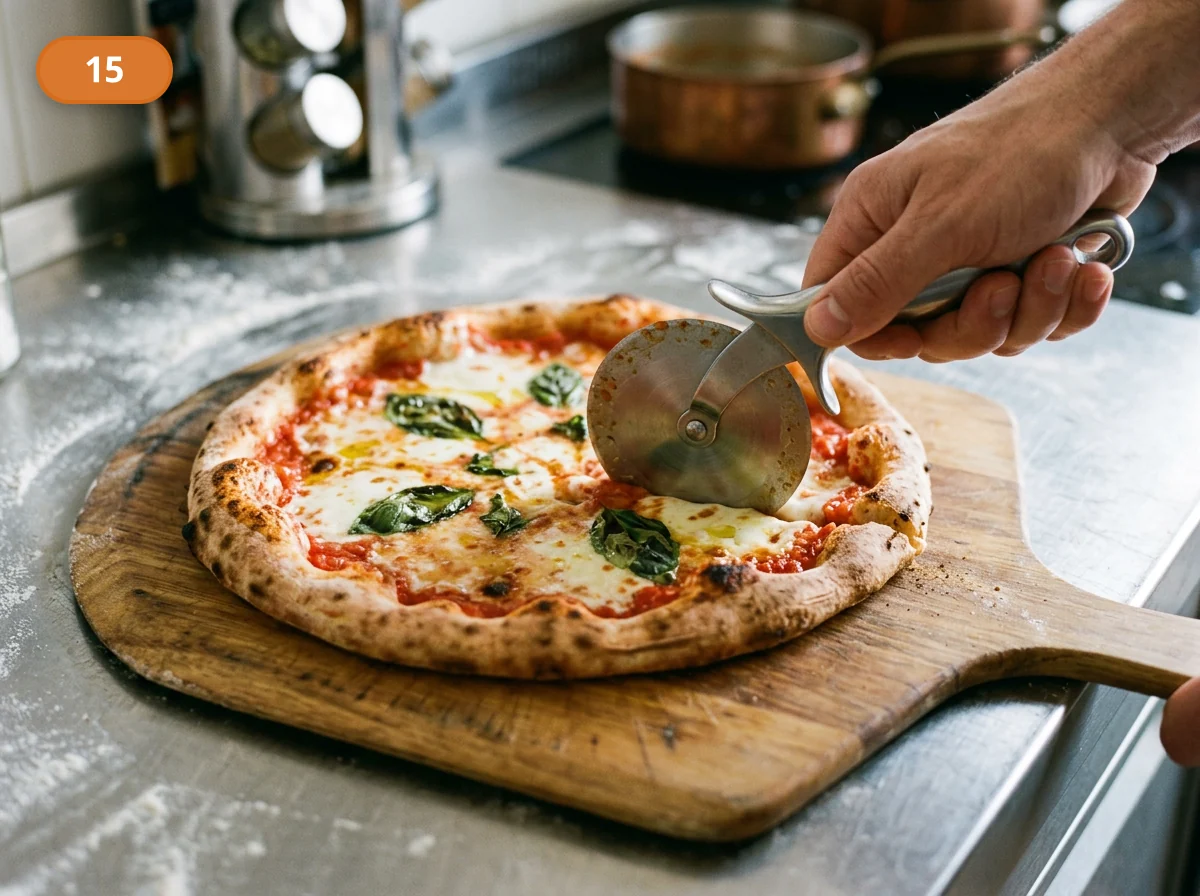 Пицца Маргарита: фото процесса приготовления — переложите маргариту на доску или тарелку, дайте ей несколько секунд стабилизироваться и нарежьте для подачи