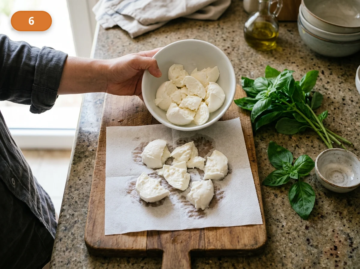 Пицца Маргарита: фото процесса приготовления — нарвите или нарежьте моцареллу и дайте ей немного обсохнуть, а листья базилика подготовьте для финала