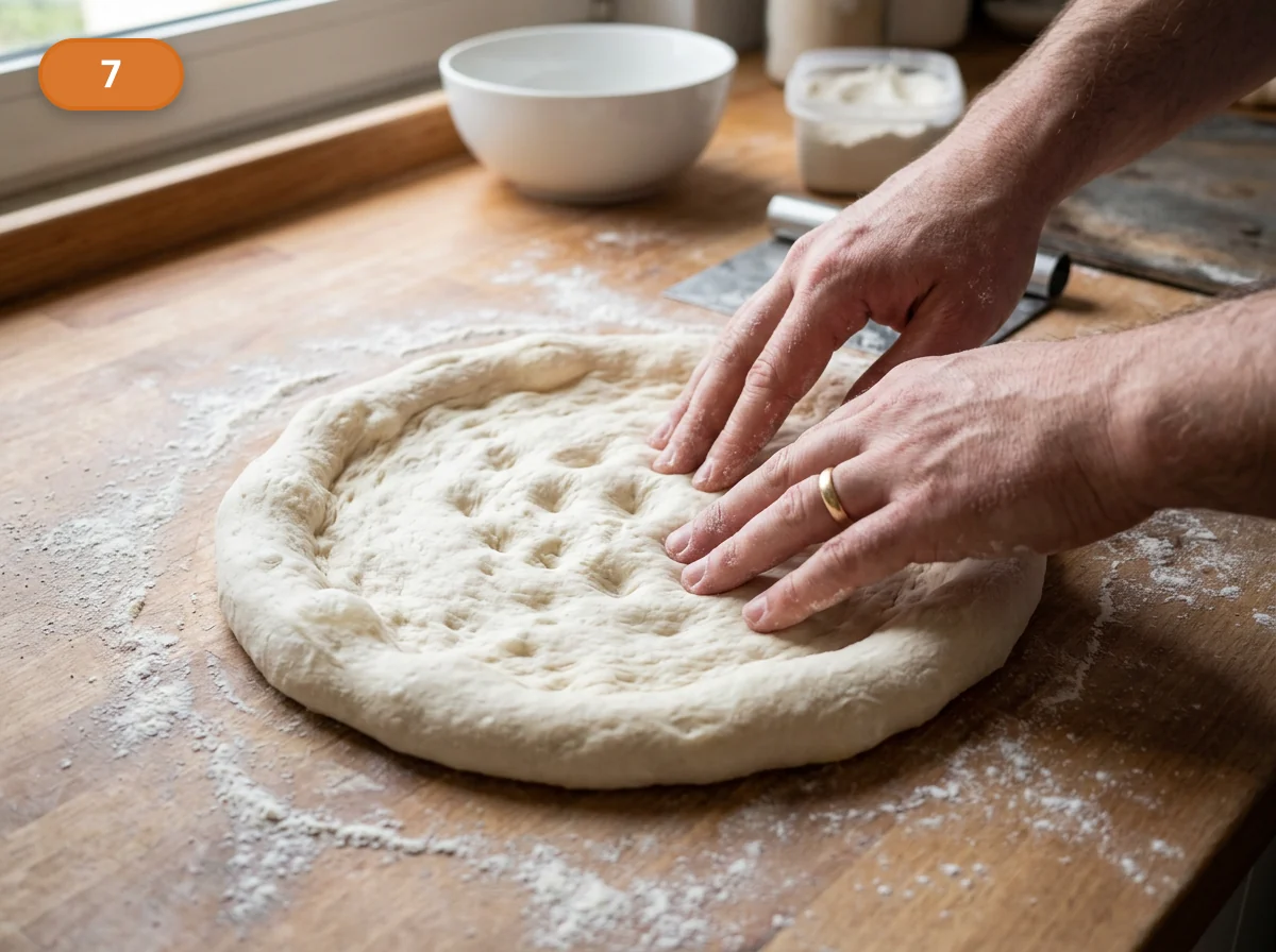 Пицца Маргарита: фото процесса приготовления — переложите подошедшее тесто на присыпанную поверхность и мягко выпустите только крупные пузыри в центре