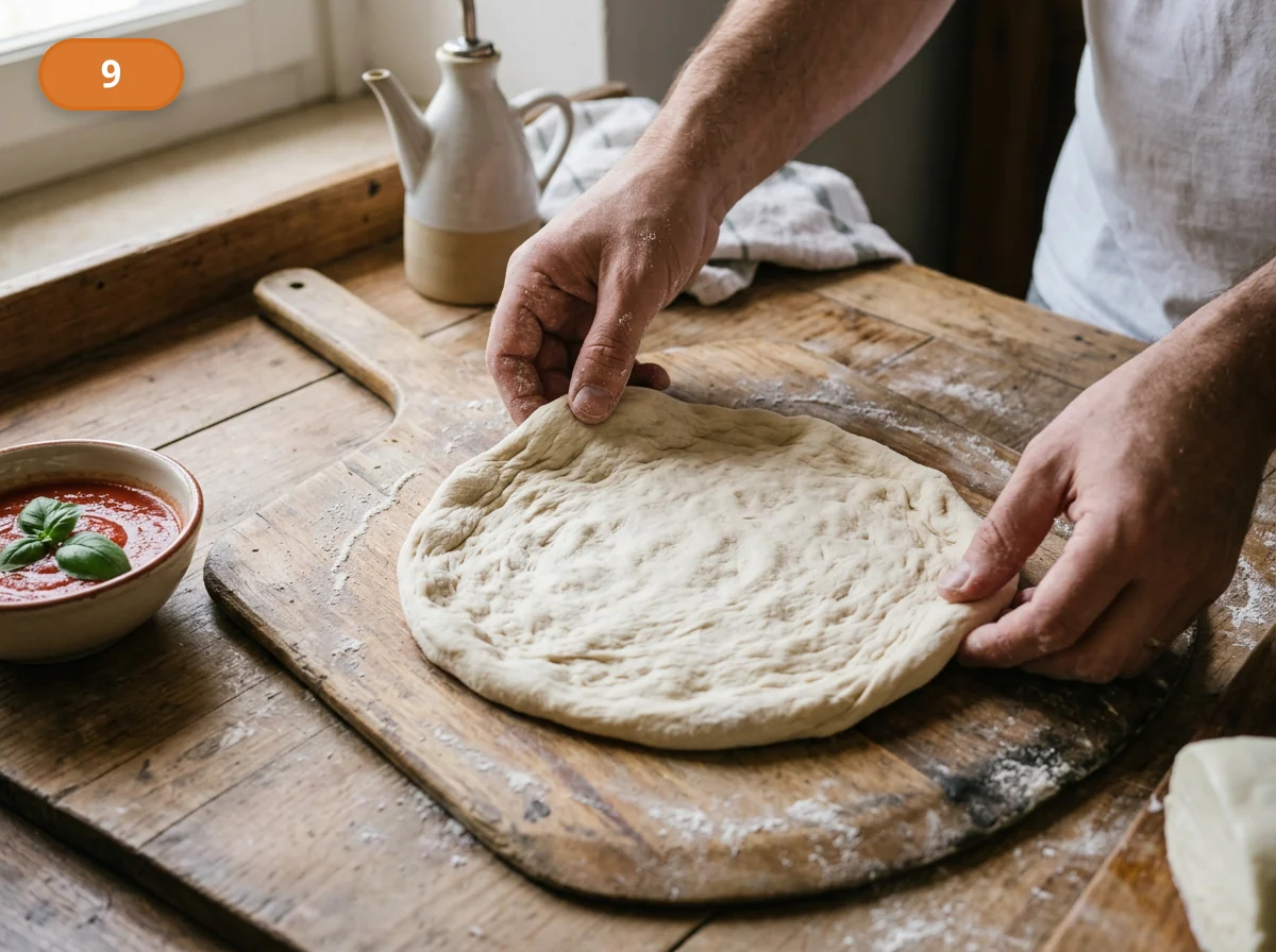 Пицца Маргарита: фото процесса приготовления — перенесите основу на лопату или горячий противень и ещё раз быстро проверьте форму перед начинкой