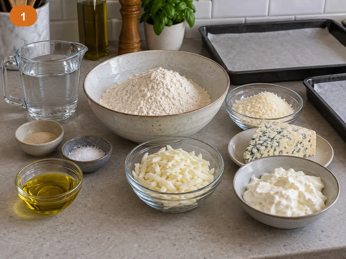 Пицца с начинкой: четыре сыра | Фото подпункта 1 | Viva Cucina Пицца с начинкой: четыре сыра: фото процесса приготовления — разложите муку, воду, дрожжи, соль, масло и четыре сыра