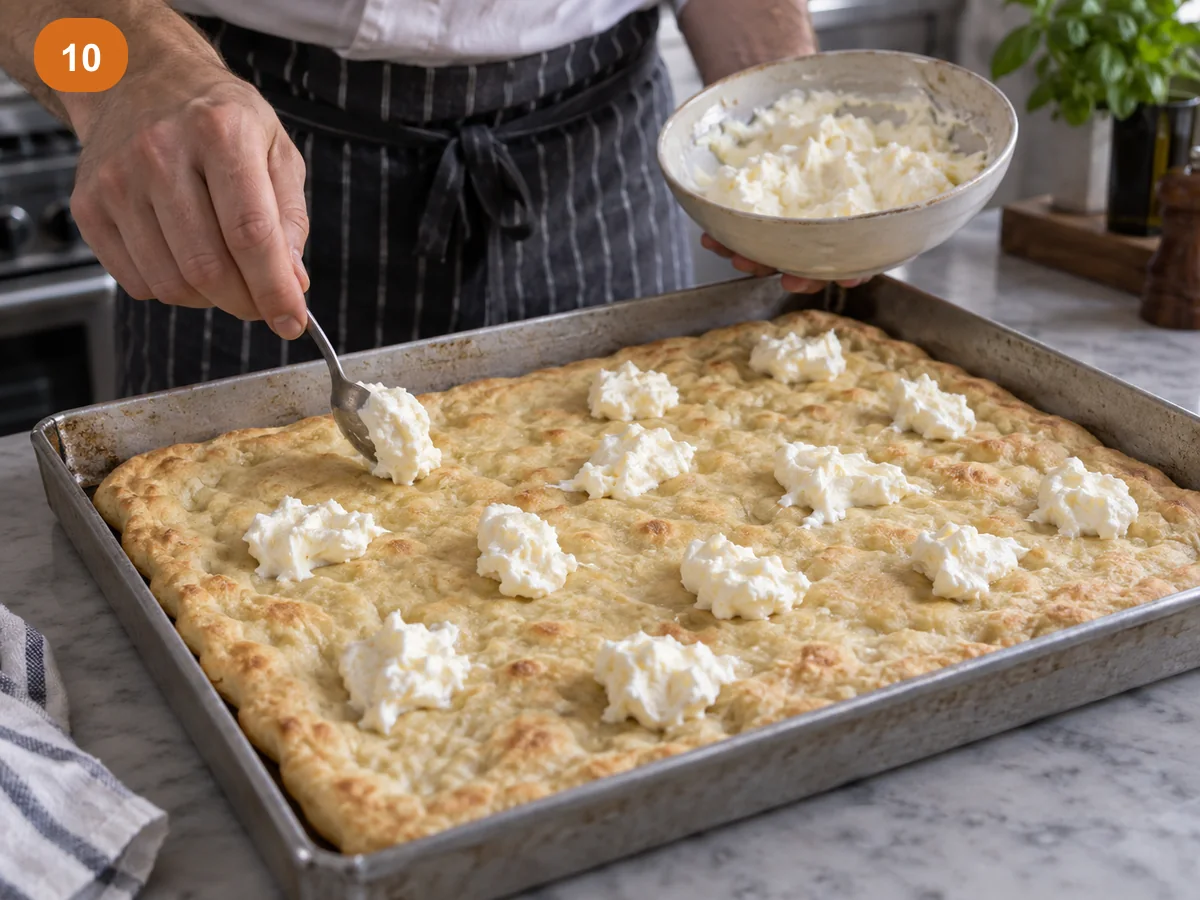 Пицца с начинкой: четыре сыра | Фото подпункта 10 | Viva Cucina Пицца с начинкой: четыре сыра: фото процесса приготовления — разложите страккино по подпечённой основе небольшими ложками