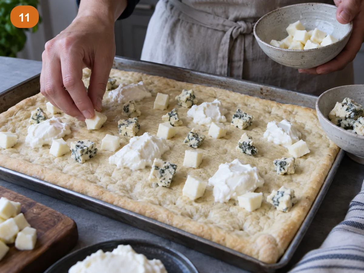 Пицца с начинкой: четыре сыра | Фото подпункта 11 | Viva Cucina Пицца с начинкой: четыре сыра: фото процесса приготовления — добавьте обсушенную моцареллу и кусочки горгонзолы