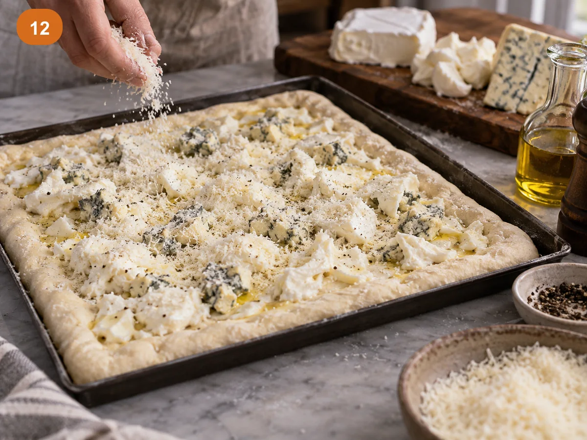 Пицца с начинкой: четыре сыра | Фото подпункта 12 | Viva Cucina Пицца с начинкой: четыре сыра: фото процесса приготовления — посыпьте пармезаном, добавьте перец и немного масла