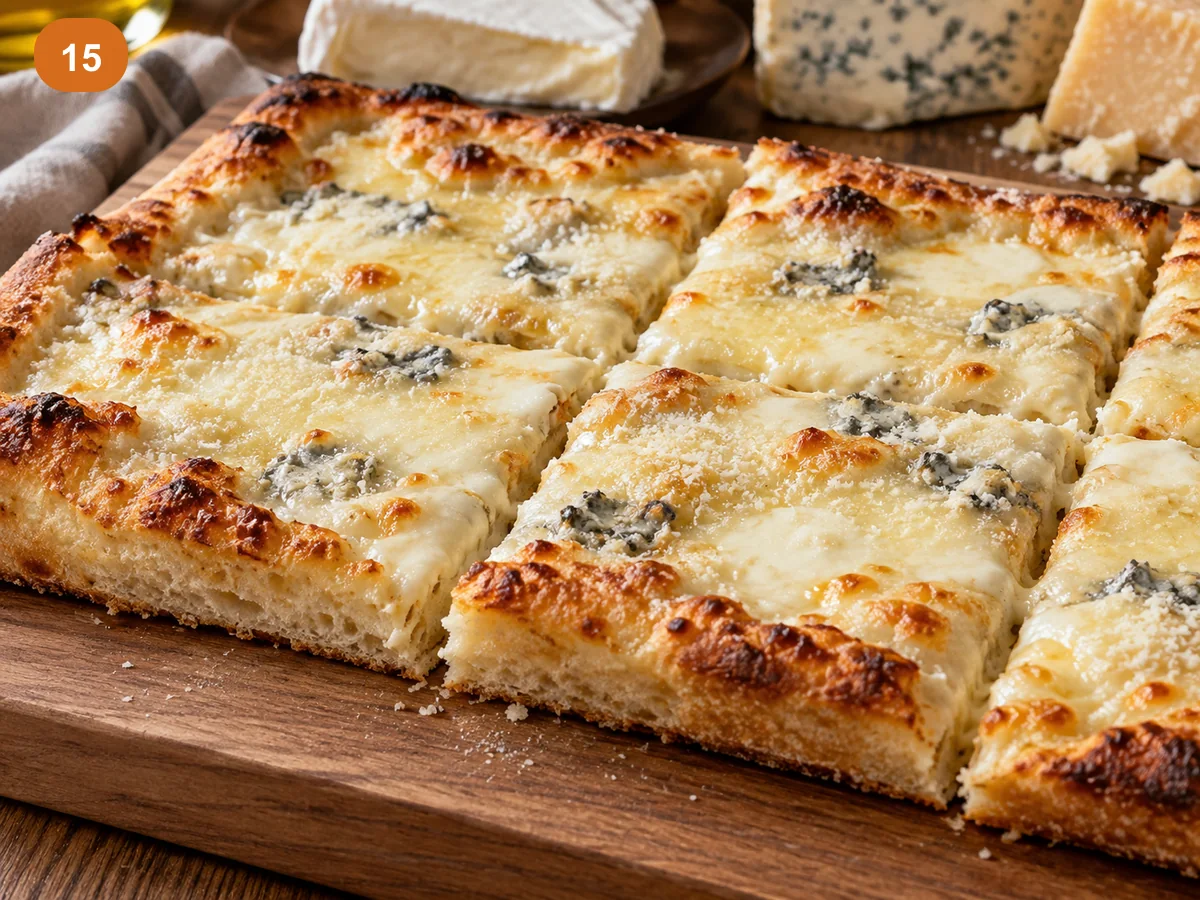 Пицца с начинкой: четыре сыра | Фото подпункта 15 | Viva Cucina Пицца с начинкой: четыре сыра: фото процесса приготовления — нарежьте пиццу прямоугольными кусками и подавайте горячей
