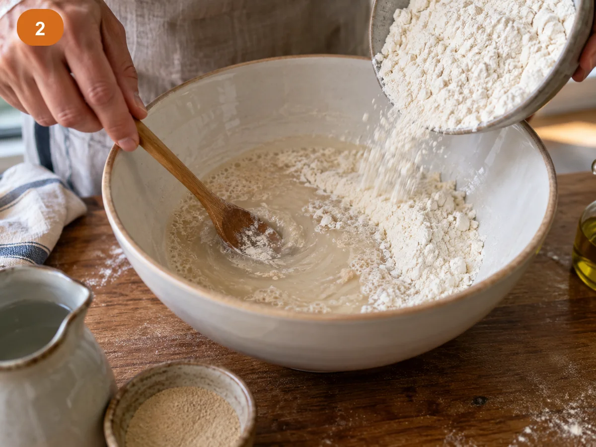 Пицца с начинкой: четыре сыра | Фото подпункта 2 | Viva Cucina Пицца с начинкой: четыре сыра: фото процесса приготовления — размешайте дрожжи в воде и постепенно всыпьте муку