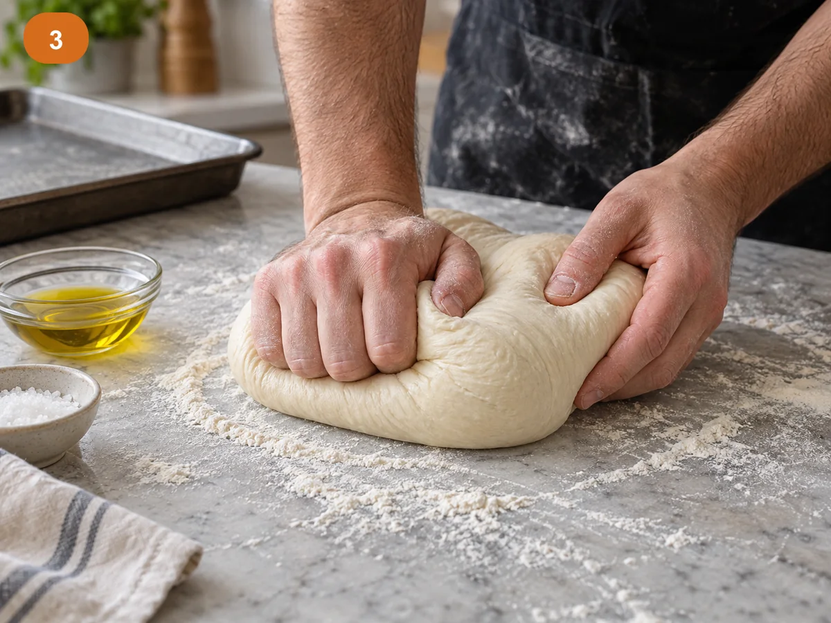 Пицца с начинкой: четыре сыра | Фото подпункта 3 | Viva Cucina Пицца с начинкой: четыре сыра: фото процесса приготовления — добавьте соль и масло, вымесите тесто до гладкости