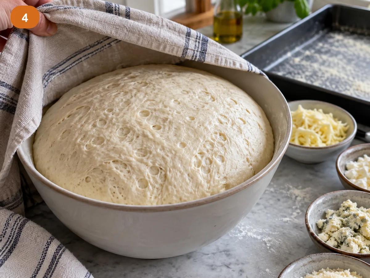 Пицца с начинкой: четыре сыра | Фото подпункта 4 | Viva Cucina Пицца с начинкой: четыре сыра: фото процесса приготовления — накройте тесто и дождитесь увеличения вдвое, примерно 2 часа