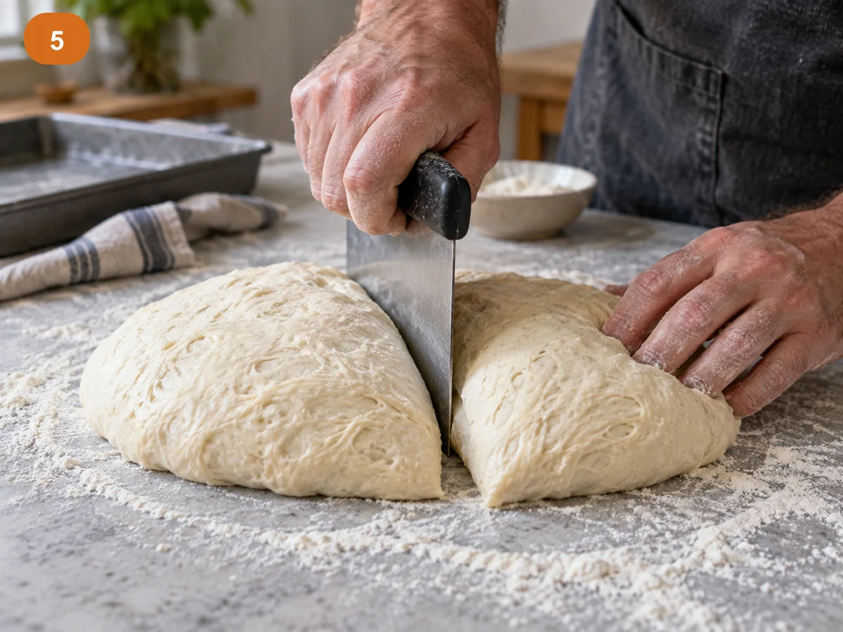 Пицца с начинкой: четыре сыра | Фото подпункта 5 | Viva Cucina Пицца с начинкой: четыре сыра: фото процесса приготовления — разделите тесто на две равные части