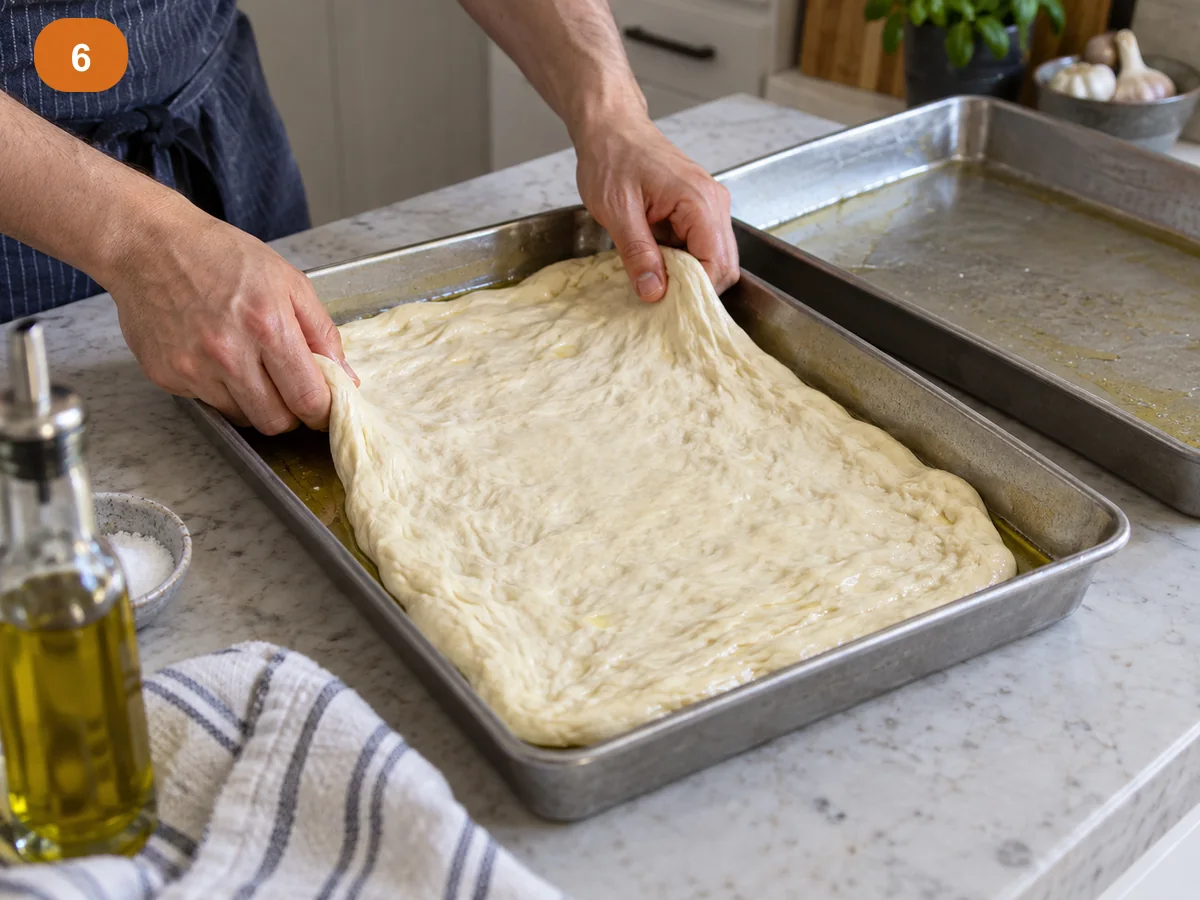 Пицца с начинкой: четыре сыра | Фото подпункта 6 | Viva Cucina Пицца с начинкой: четыре сыра: фото процесса приготовления — растяните тесто в двух смазанных противнях и оставьте на 30 минут