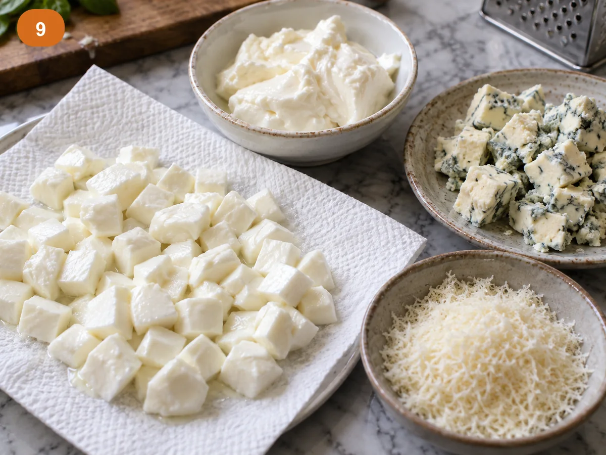 Пицца с начинкой: четыре сыра | Фото подпункта 9 | Viva Cucina Пицца с начинкой: четыре сыра: фото процесса приготовления — обсушите и нарежьте моцареллу; разделите страккино и горгонзолу на небольшие порции
