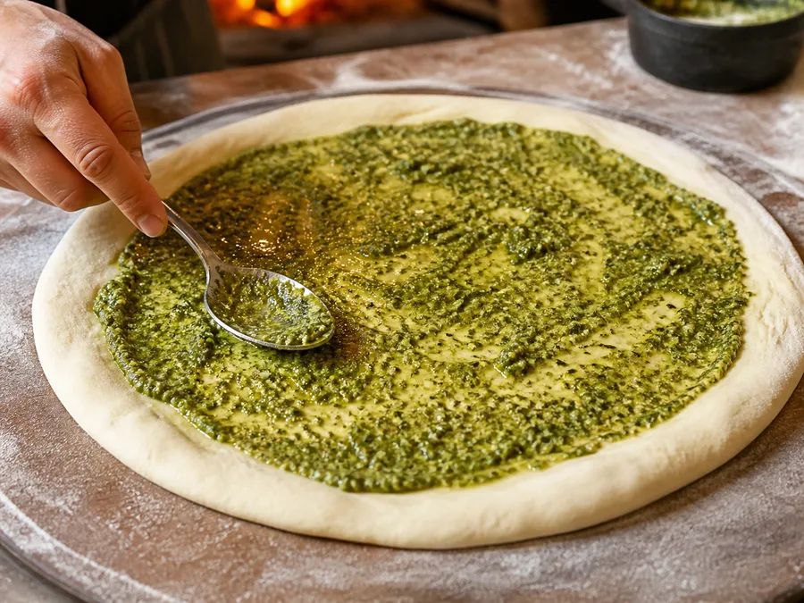 Пицца с начинкой: курица и песто | Фото подпункта 11 | Viva Cucina Пицца с начинкой: курица и песто: фото процесса приготовления — нанесите тонкий слой базиликового песто, оставляя бортик чистым