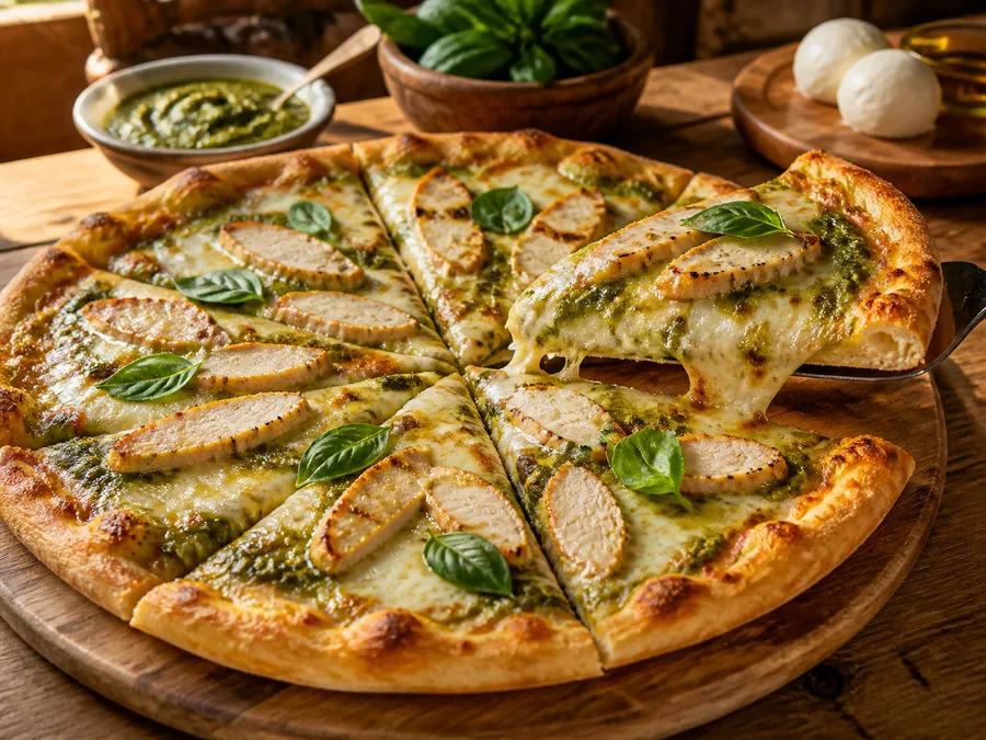 Пицца с начинкой: курица и песто | Фото подпункта 15 | Viva Cucina Пицца с начинкой: курица и песто: фото процесса приготовления — нарежьте готовую пиццу, добавьте свежий базилик и подавайте теплой