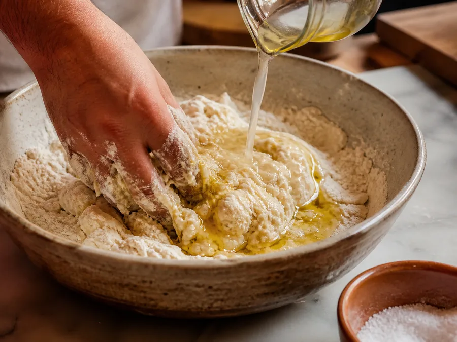 Пицца с начинкой: курица и песто | Фото подпункта 3 | Viva Cucina Пицца с начинкой: курица и песто: фото процесса приготовления — смешайте муку с дрожжевой водой, солью и оливковым маслом до мягкой липкой массы