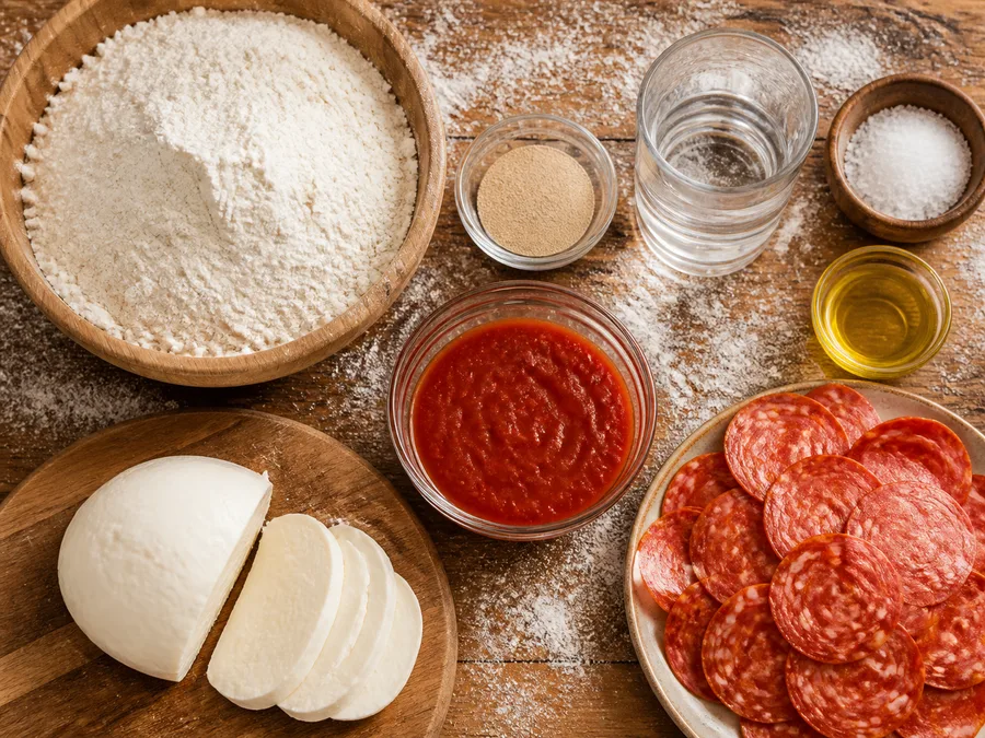Пицца с начинкой: пепперони (острая салями) | Фото подпункта 1 | Viva Cucina Пицца с начинкой: пепперони (острая салями): фото процесса приготовления — разложите Мука тип 00, Дрожжи сухие, Вода тёплая, Моцарелла, соль, масло, специи и нужную посуду так, чтобы всё было под рукой до начала готовки