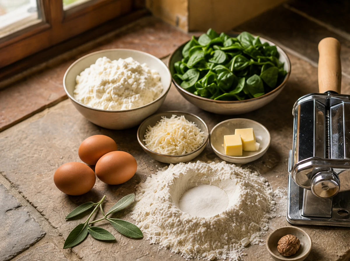 Равиоли с рикоттой и шпинатом | Фото подпункта 1 | Viva Cucina Равиоли с рикоттой и шпинатом: фото процесса приготовления — разложите муку, яйца, рикотту, шпинат, пармезан, сливочное масло, шалфей, мускатный орех и инструменты для раскатки