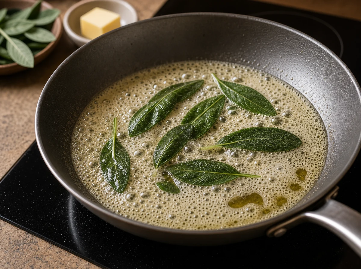 Равиоли с рикоттой и шпинатом | Фото подпункта 13 | Viva Cucina Равиоли с рикоттой и шпинатом: фото процесса приготовления — растопите сливочное масло с листьями шалфея до орехового аромата