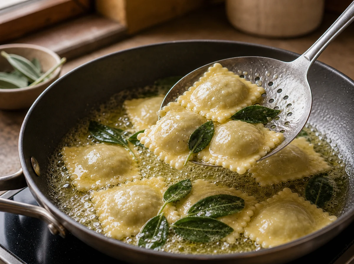 Равиоли с рикоттой и шпинатом | Фото подпункта 14 | Viva Cucina Равиоли с рикоттой и шпинатом: фото процесса приготовления — переложите сваренные равиоли в сковороду и аккуратно прогрейте их в шалфейном масле
