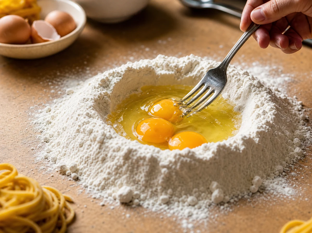 Равиоли с рикоттой и шпинатом | Фото подпункта 2 | Viva Cucina Равиоли с рикоттой и шпинатом: фото процесса приготовления — сделайте в муке углубление, разбейте яйца в центр и начните соединять их вилкой с мукой