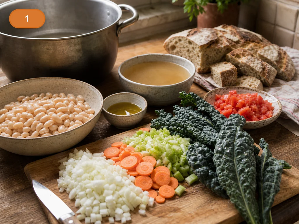 Риболлита | Фото подпункта 1 | Viva Cucina Риболлита: фото процесса приготовления — разложите белую фасоль, тосканскую капусту cavolo nero, лук, морковь, сельдерей, томаты, деревенский хлеб, оливковое масло и овощной бульон