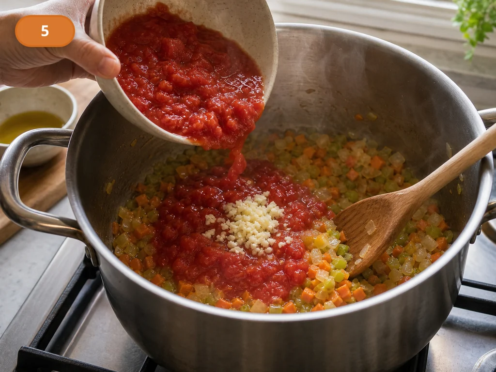 Риболлита | Фото подпункта 5 | Viva Cucina Риболлита: фото процесса приготовления — добавьте чеснок и томаты, прогрейте до густой ароматной основы