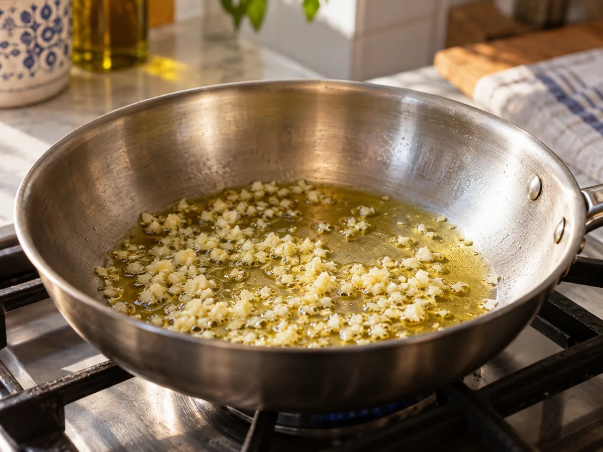 Ригатони с индейкой и соусом из тунца и каперсов | Фото подпункта 10 | Viva Cucina Ригатони с индейкой и соусом из тунца и каперсов: фото процесса приготовления — в оставшемся масле кратко прогрейте измельчённый чеснок без подрумянивания