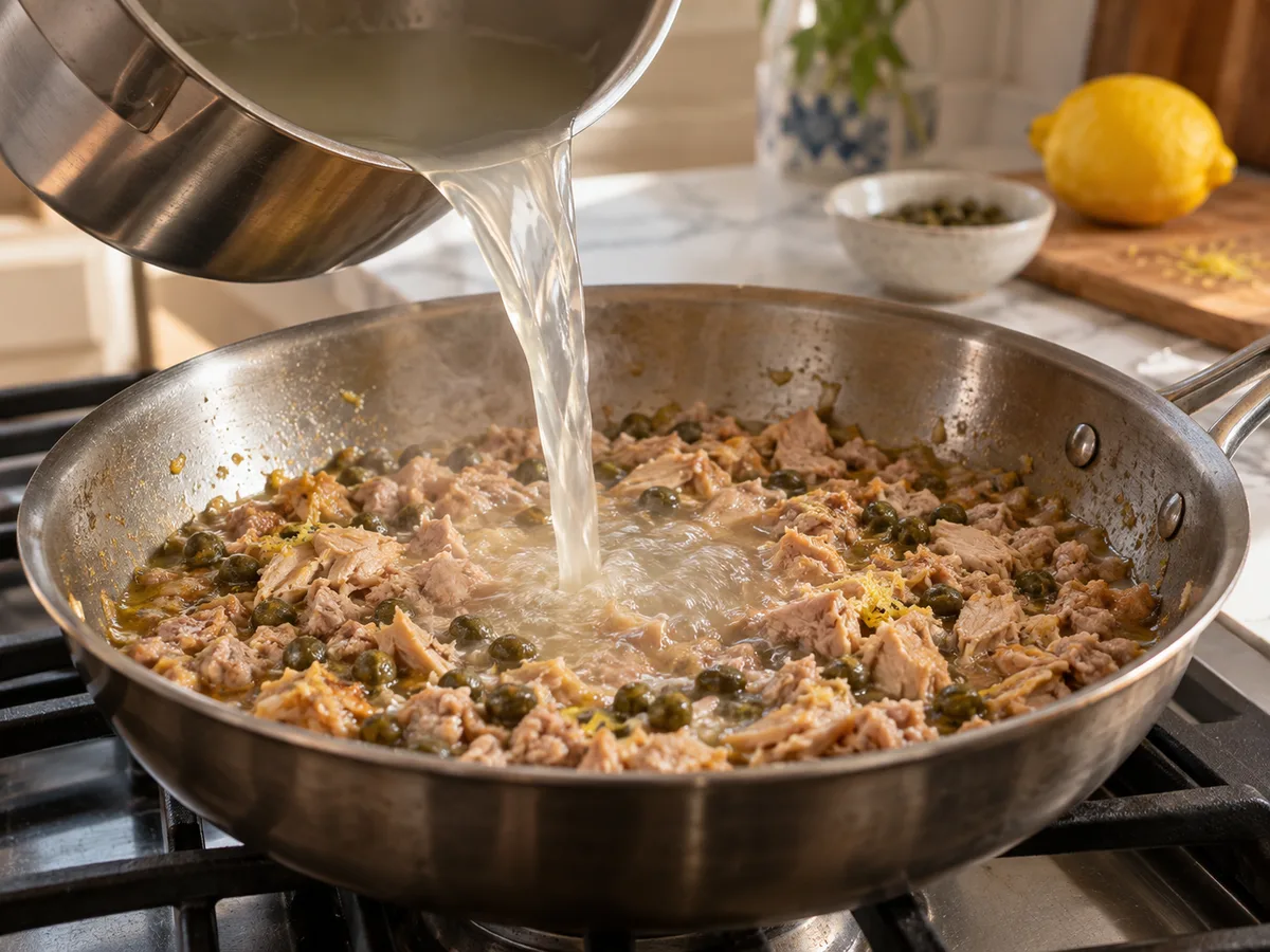 Ригатони с индейкой и соусом из тунца и каперсов | Фото подпункта 12 | Viva Cucina Ригатони с индейкой и соусом из тунца и каперсов: фото процесса приготовления — влейте несколько ложек воды от пасты и размешайте до сочного соуса