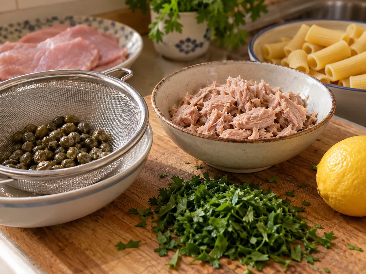 Ригатони с индейкой и соусом из тунца и каперсов | Фото подпункта 3 | Viva Cucina Ригатони с индейкой и соусом из тунца и каперсов: фото процесса приготовления — промойте солёные каперсы, слейте жидкость с тунца и измельчите петрушку