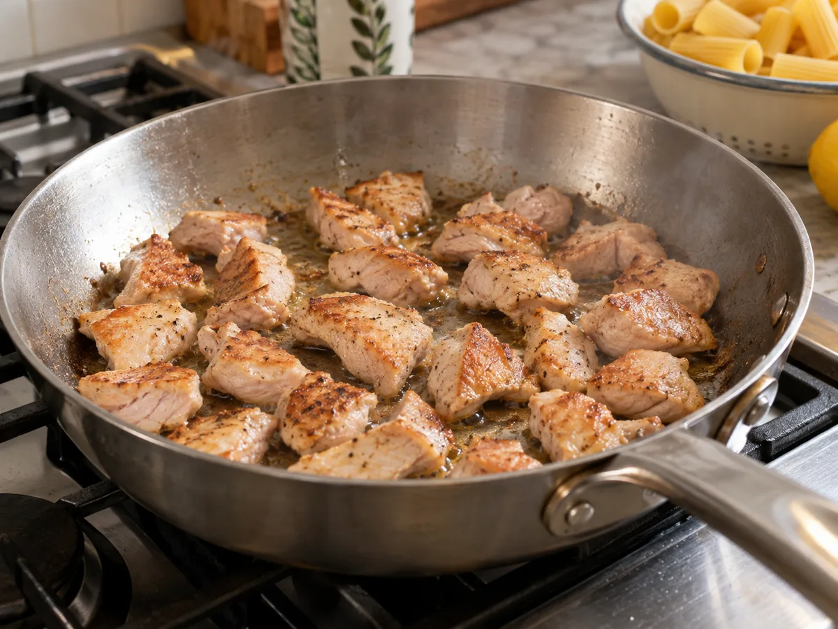 Ригатони с индейкой и соусом из тунца и каперсов | Фото подпункта 5 | Viva Cucina Ригатони с индейкой и соусом из тунца и каперсов: фото процесса приготовления — положите индейку одним слоем и обжарьте до лёгкой корочки
