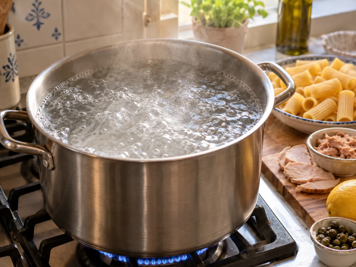 Ригатони с индейкой и соусом из тунца и каперсов | Фото подпункта 7 | Viva Cucina Ригатони с индейкой и соусом из тунца и каперсов: фото процесса приготовления — вскипятите воду и умеренно посолите