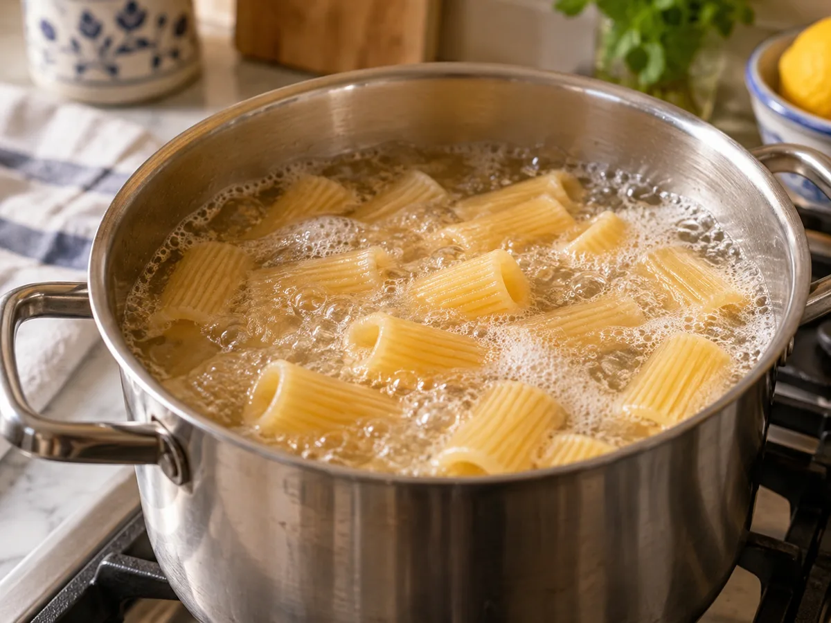 Ригатони с индейкой и соусом из тунца и каперсов | Фото подпункта 8 | Viva Cucina Ригатони с индейкой и соусом из тунца и каперсов: фото процесса приготовления — всыпьте ригатони и варите до al dente по упаковке