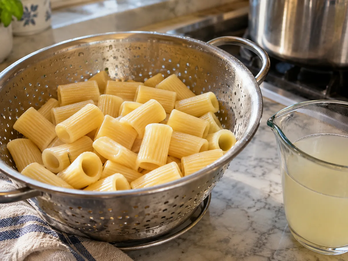 Ригатони с индейкой и соусом из тунца и каперсов | Фото подпункта 9 | Viva Cucina Ригатони с индейкой и соусом из тунца и каперсов: фото процесса приготовления — сохраните чашку воды от варки и откиньте пасту на дуршлаг