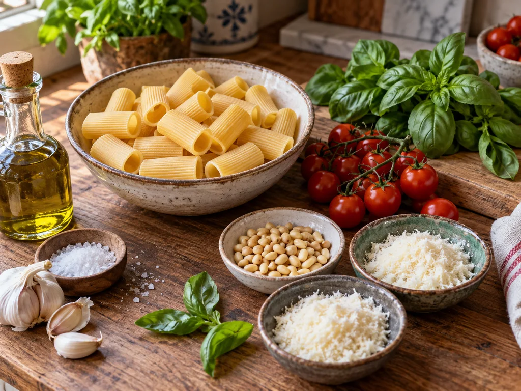 Ригатони с томатом и песто | Фото подпункта 1 | Viva Cucina Ригатони с томатом и песто: фото процесса приготовления — разложите ригатони, помидоры черри, базилик, кедровые орехи, два сыра, чеснок, масло и соль