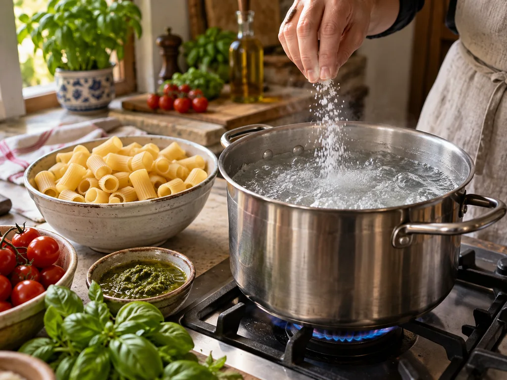 Ригатони с томатом и песто | Фото подпункта 10 | Viva Cucina Ригатони с томатом и песто: фото процесса приготовления — вскипятите большую кастрюлю воды и посолите её