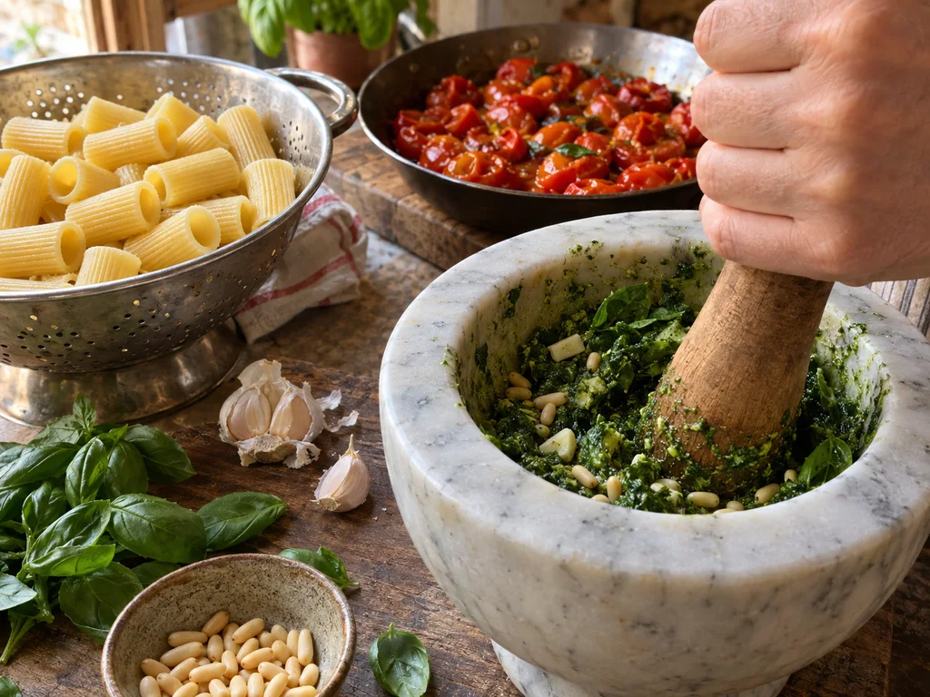 Ригатони с томатом и песто | Фото подпункта 5 | Viva Cucina Ригатони с томатом и песто: фото процесса приготовления — добавьте обсушенный базилик и щепоть соли, разотрите до зелёной пасты