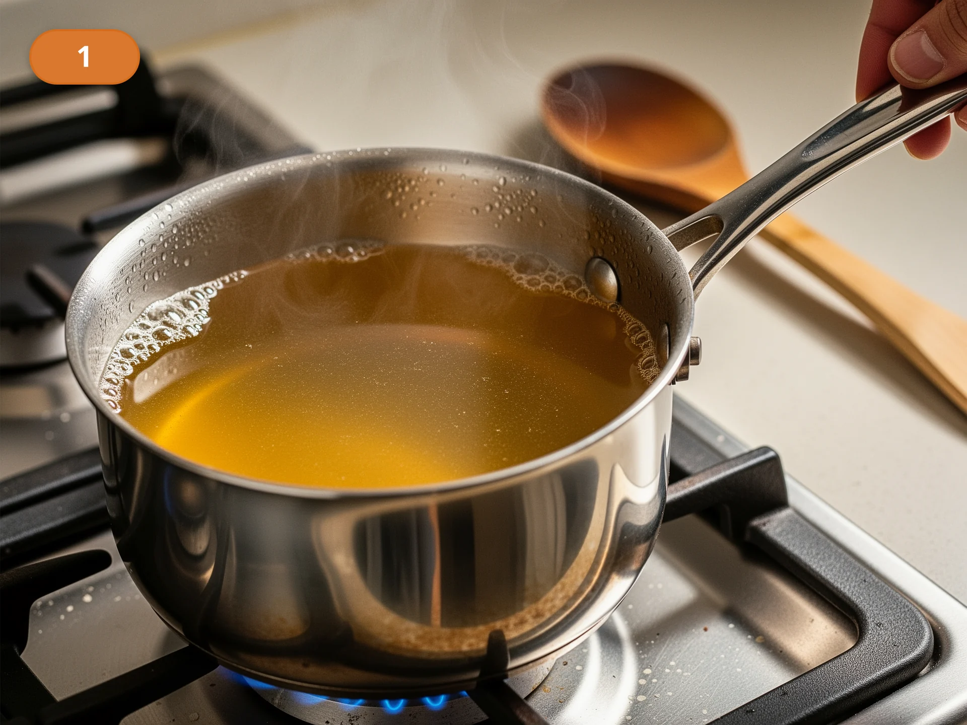 Ризотто по-милански: фото процесса приготовления — поставьте бульон на слабый огонь и держите его горячим, но не бурно кипящим, чтобы он не мутнел и не выпаривался слишком быстро