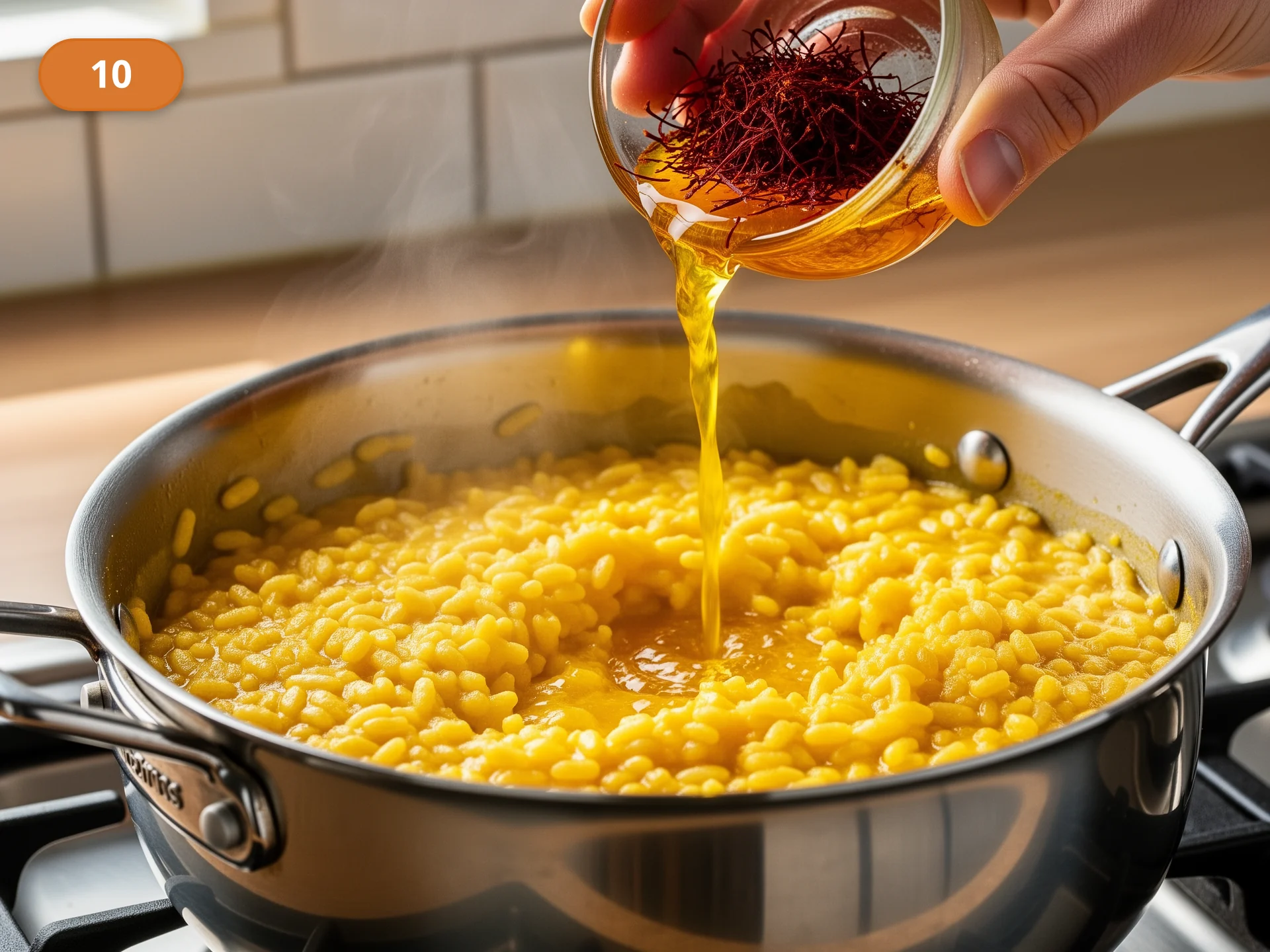 Ризотто по-милански: фото процесса приготовления — когда рис уже заметно размягчился, влейте настой шафрана вместе с золотистой жидкостью и сразу перемешайте