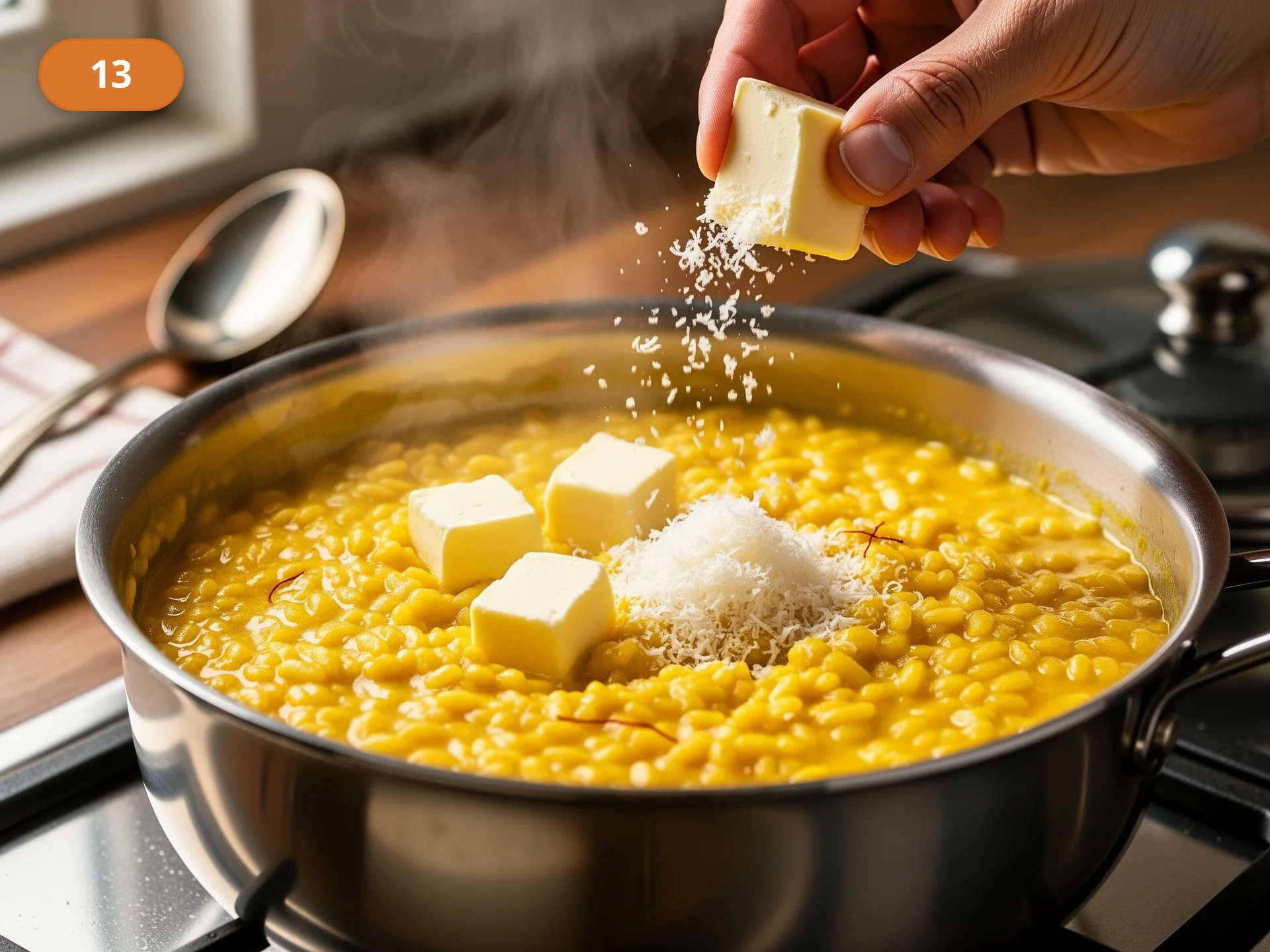 Ризотто по-милански: фото процесса приготовления — снимите сотейник с огня и добавьте оставшееся холодное сливочное масло и тёртый пармезан